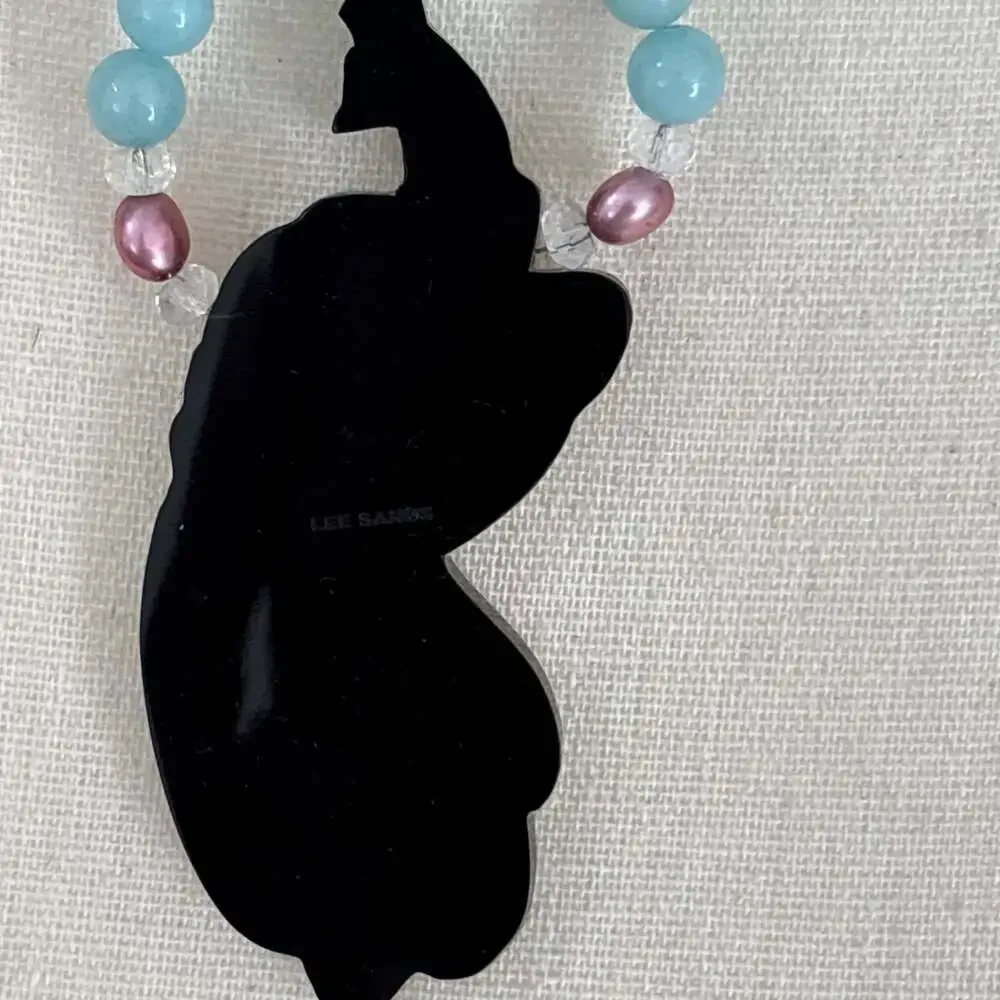 Lee Sands Blue Pink Shell Inlay Peacock Necklace Chaledony Beads Pink Pearls 21